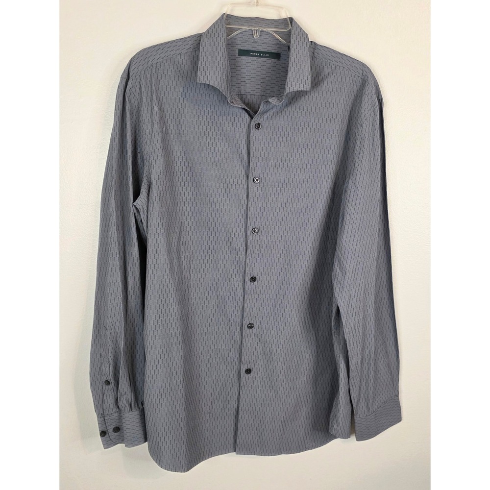 Perry Ellis Mens XL Grey Black Micro Pattern Cotton Long Sleeve Button Down